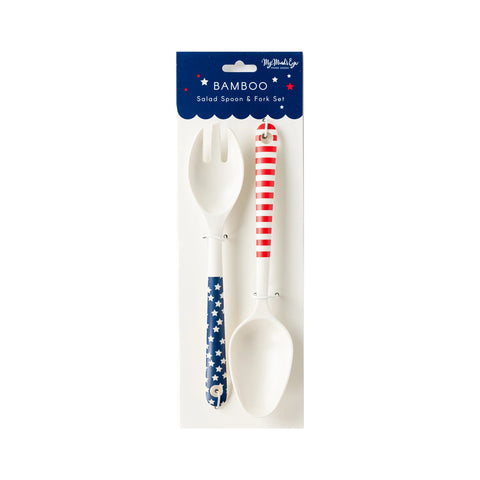 Stars and Stripes Resuable Bamboo Salad Spoon and Fork Set