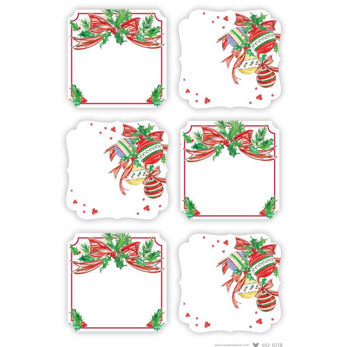Hand painted Red Bow with Holly and Holiday Ornaments Die-Cut Sticker Sheets